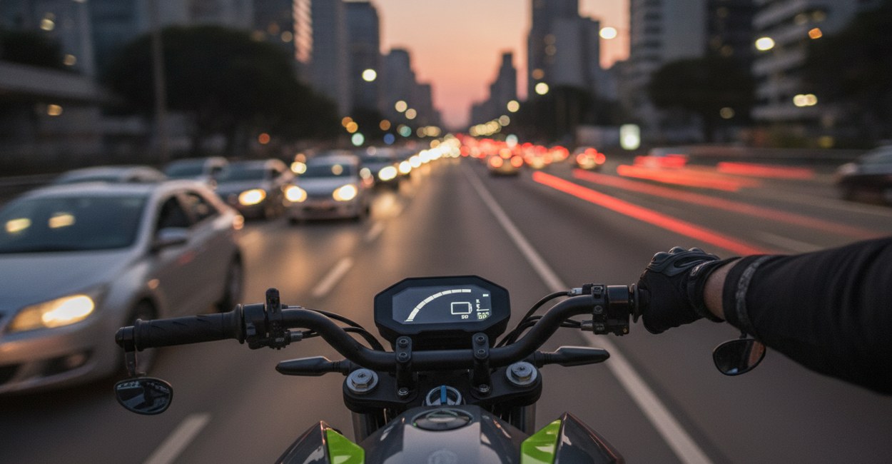Painel da moto elétrica Auper 600 CE com a barra de bateria no trânsito de São Paulo