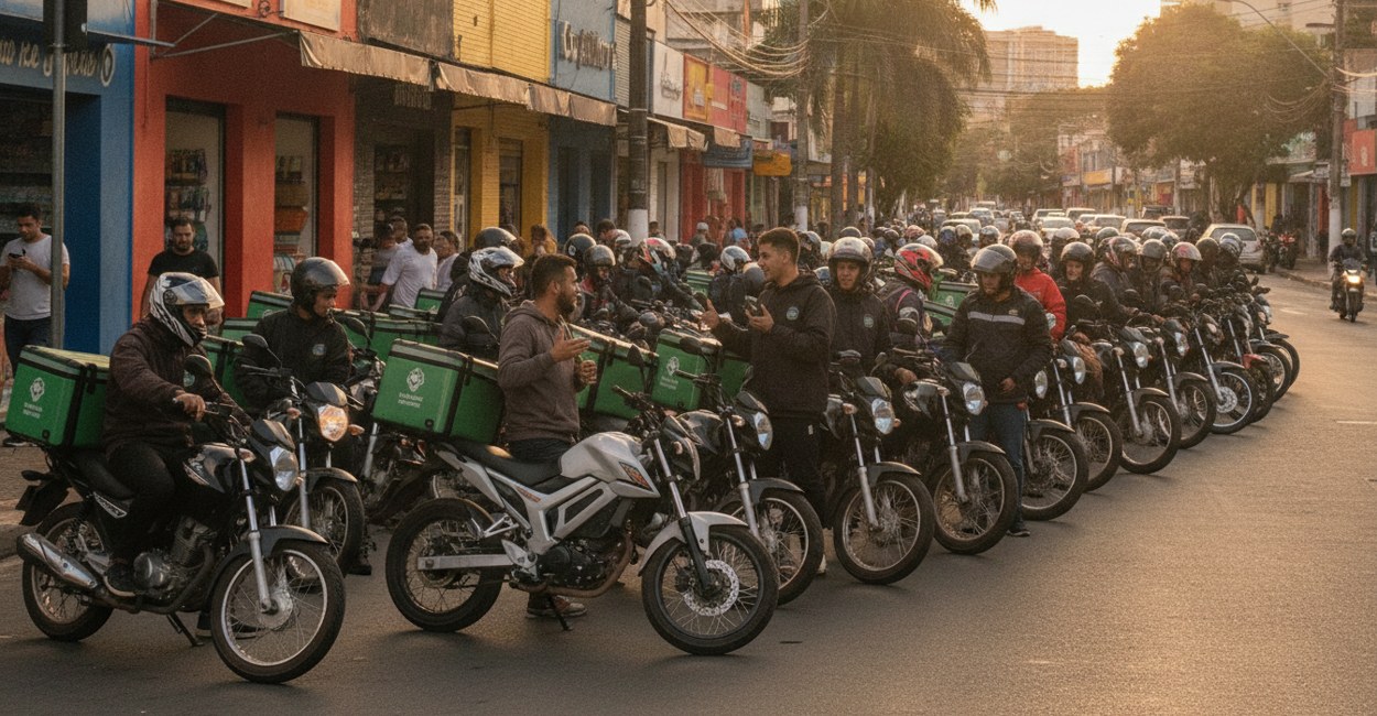 Motos de entrega estacionadas em rua comercial de São Paulo, uma delas elétrica