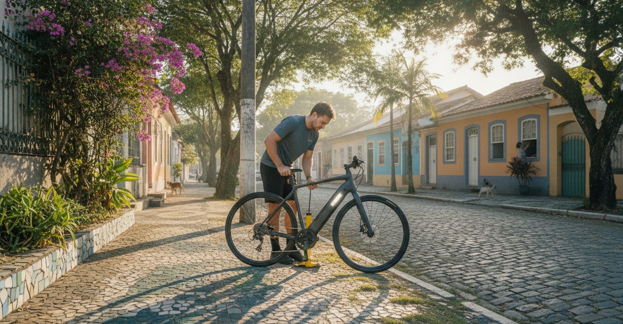 Ciclista calibra o pneu da bike elétrica na calçada pela manhã
