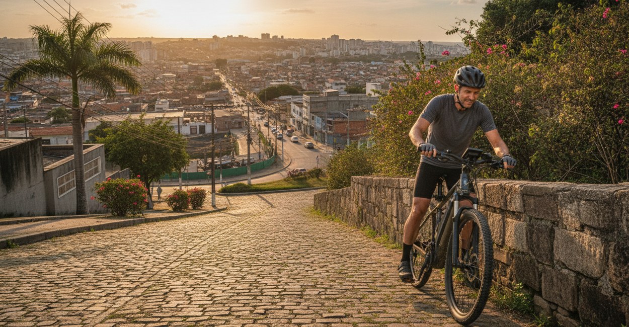 Ciclista no topo de uma ladeira confere a autonomia real da bike elétrica no display