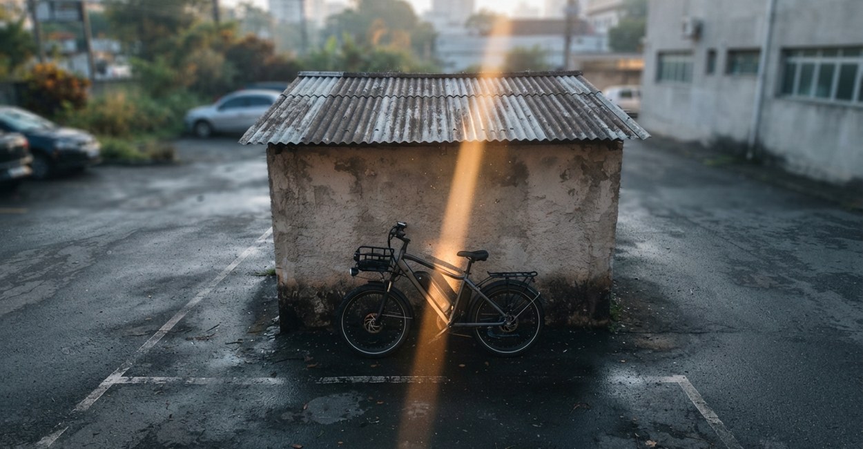 Bicicleta elétrica guardada em garagem quente com sol batendo direto na bateria