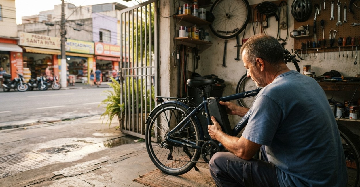 Homem retirando a bateria de uma bicicleta elétrica na garagem de casa