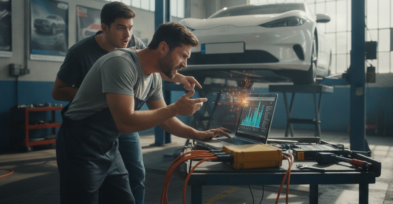 Mecânico analisa o relatório de saúde da bateria de um carro elétrico em oficina especializada