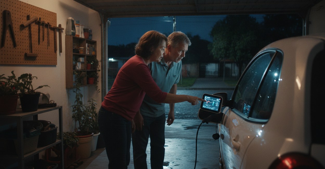 Casal observa o painel do carro elétrico plugado na garagem à noite, pensando na bateria
