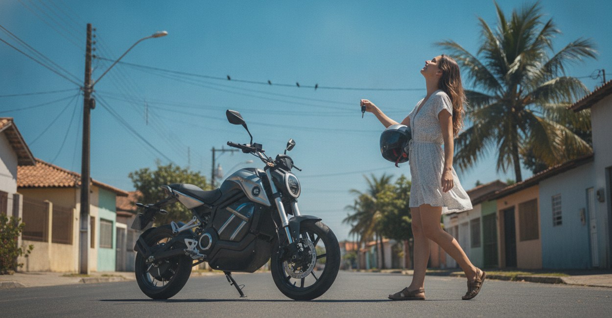 Moto elétrica exposta ao sol forte em rua brasileira, situação que acelera a degradação da bateria