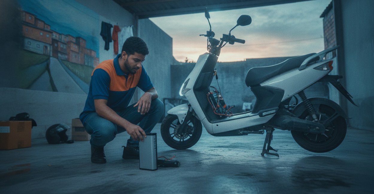 Entregador segurando a bateria removida de uma moto elétrica na garagem antes de sair para trabalhar