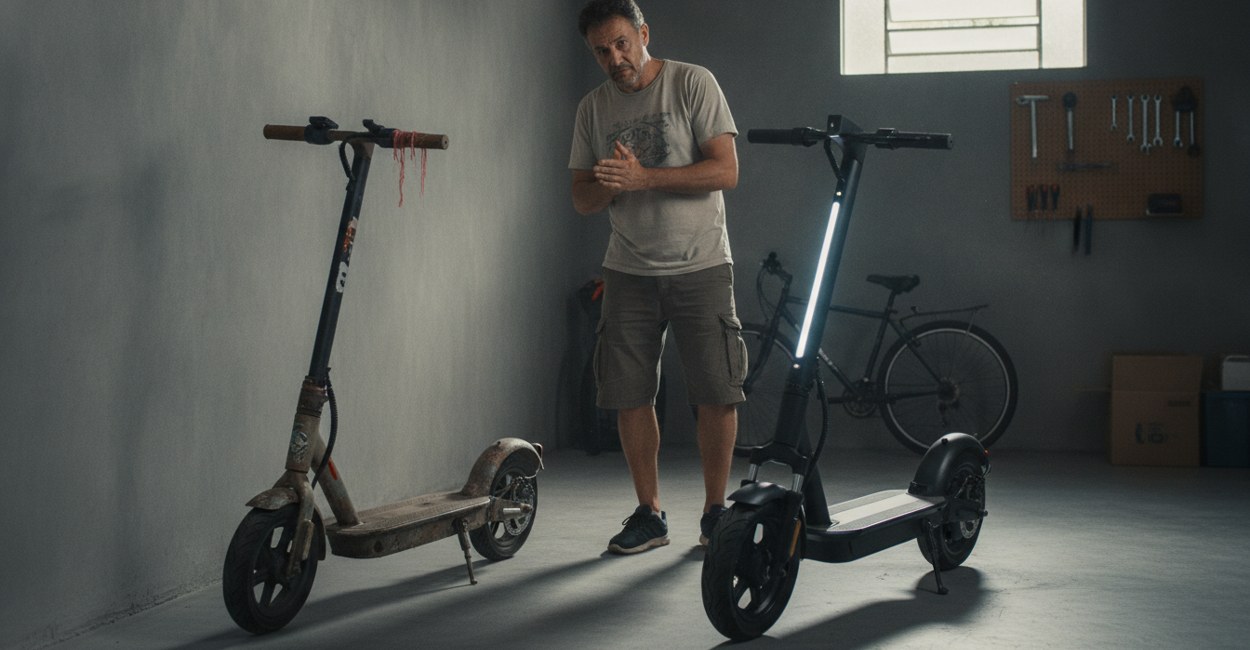 Dois patinetes elétricos lado a lado na garagem, um velho e riscado e outro novo