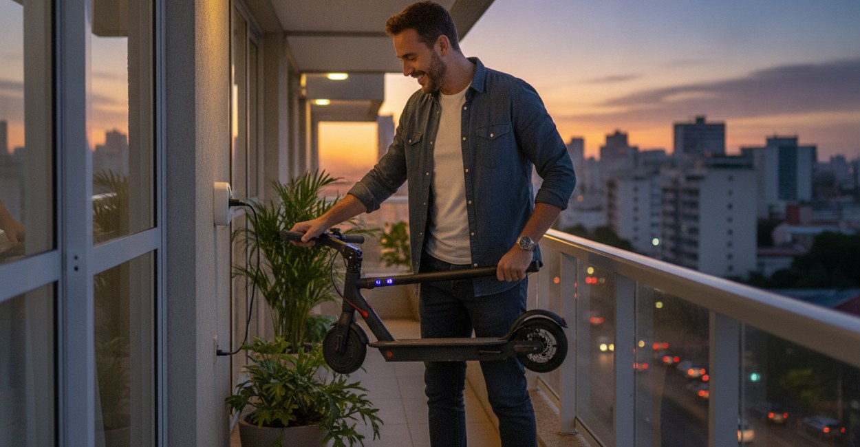 Homem confere a bateria do patinete elétrico em carga na varanda do apartamento