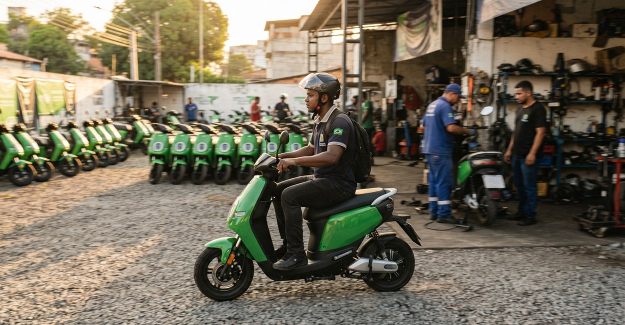 Frota de scooters eletricas verdes enfileiradas em um patio com equipe ao lado