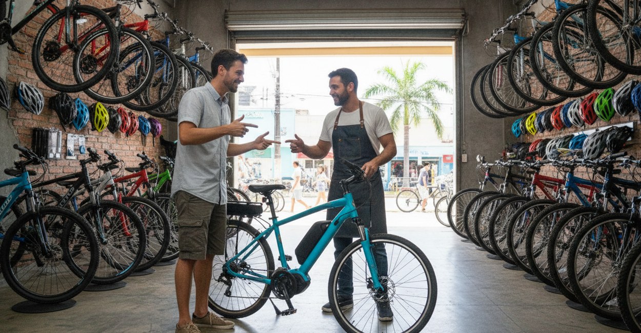 Cliente em loja de bicicletas apontando para o guidão de uma bike elétrica ao conversar com o vendedor