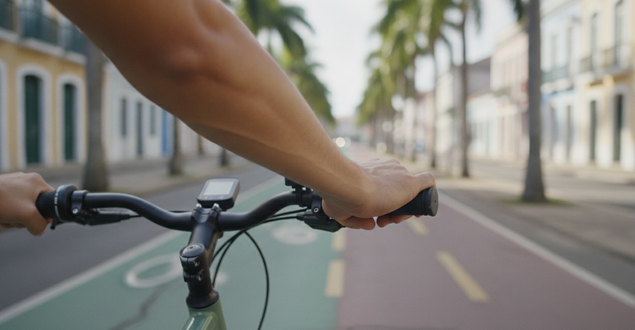 Mão no guidão de uma bicicleta elétrica com acelerador, polegar perto do controle no punho