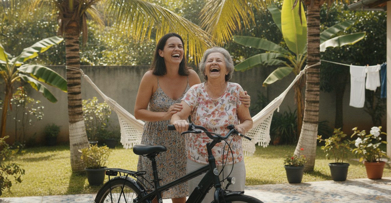 Filha ajustando o selim da bicicleta elétrica da mãe idosa no quintal de casa