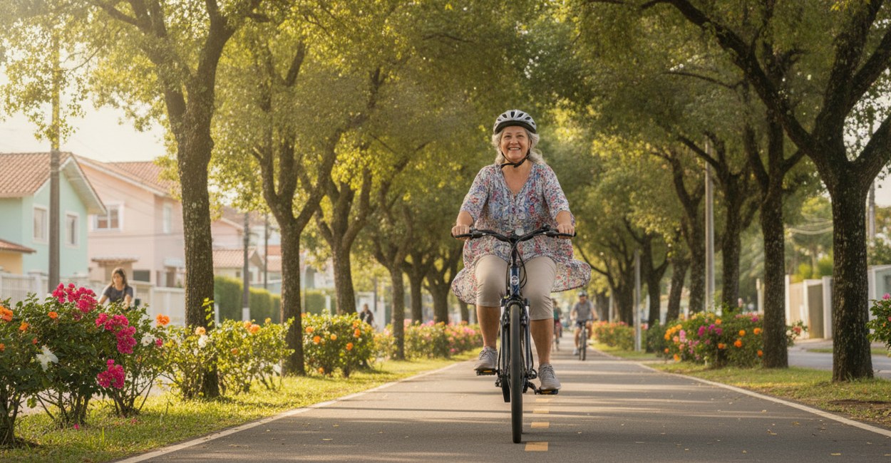 Senhora de 68 anos pedalando bicicleta elétrica para idoso de quadro baixo em ciclovia arborizada