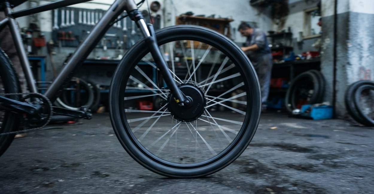 Close da roda traseira de bicicleta eletrica mostrando aro e raios