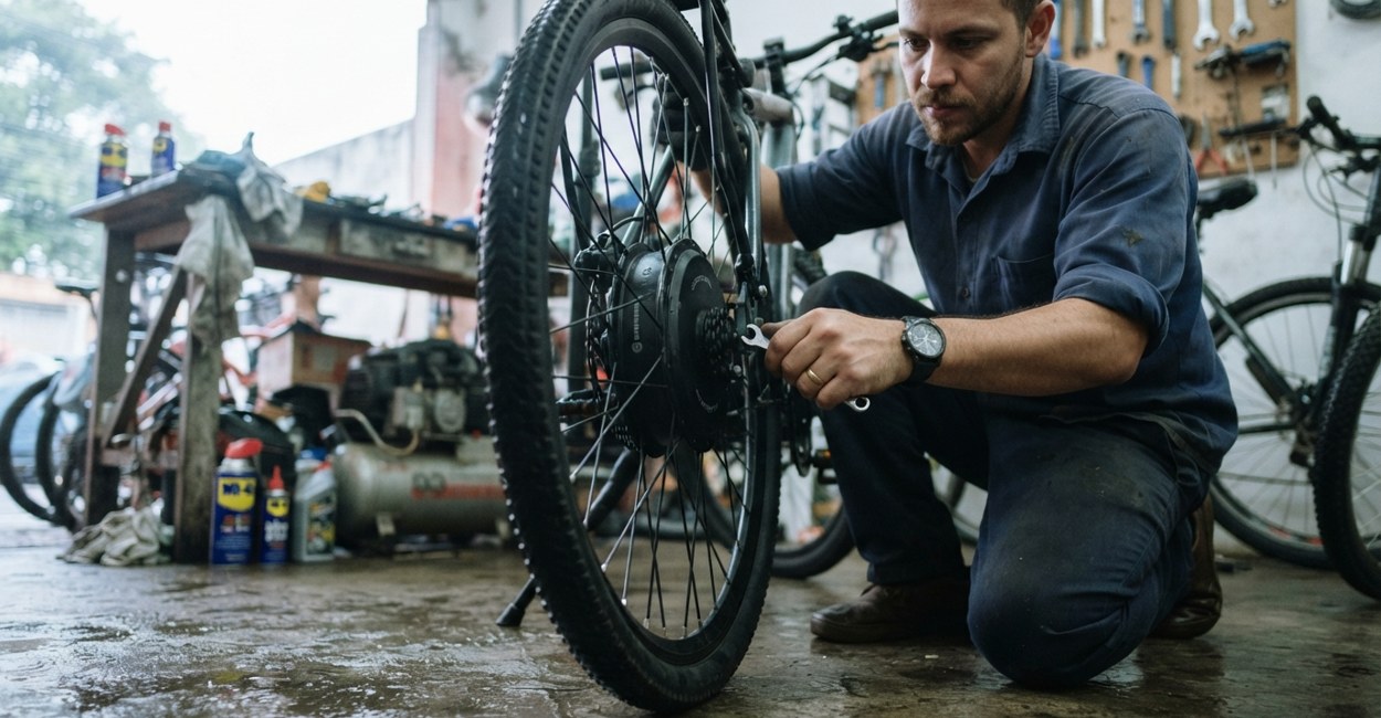 Mecanico ajusta os raios da roda traseira de uma bicicleta eletrica na oficina