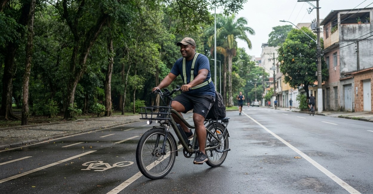 Homem de porte grande pedalando uma bicicleta eletrica reforcada em rua de bairro