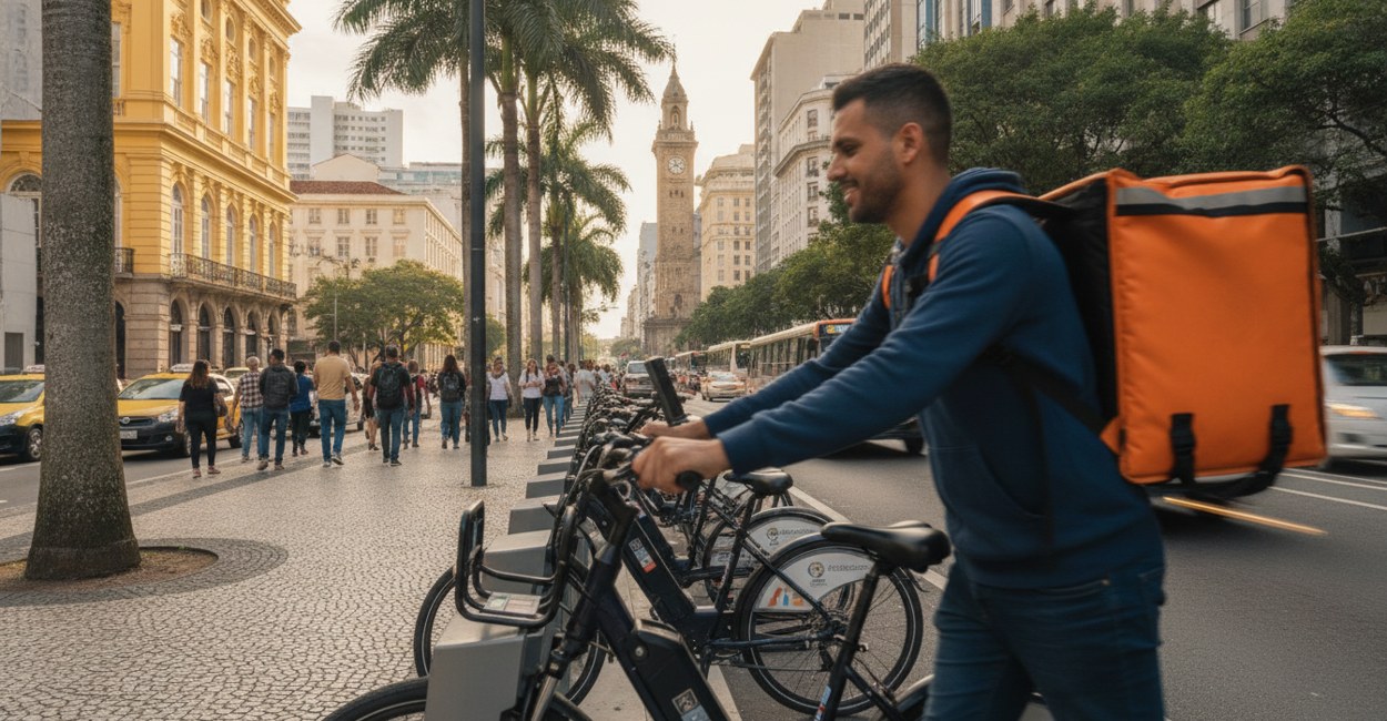 Entregador retirando bike elétrica para entregas em estação de compartilhamento no centro