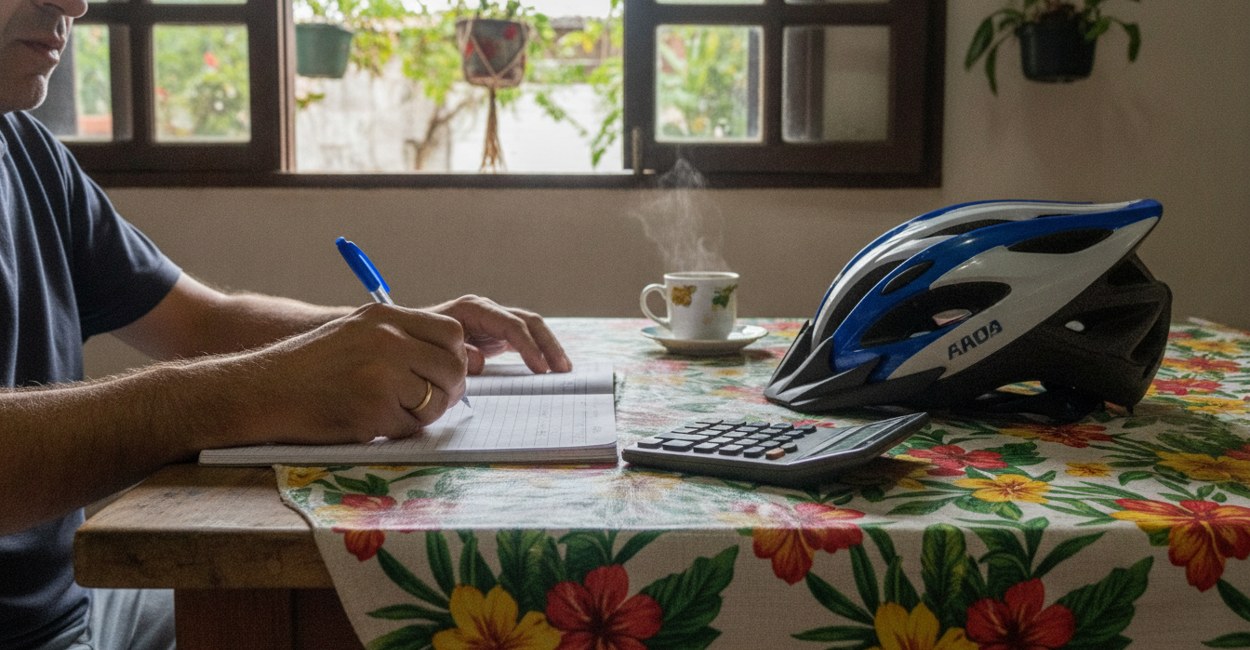 Caderno de contas e calculadora para comparar aluguel e compra de bike elétrica para entregas