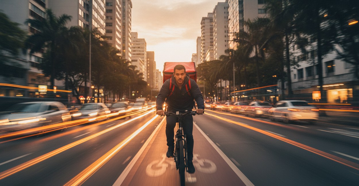Entregador com mochila térmica pedalando bike elétrica para entregas em ciclovia à noite