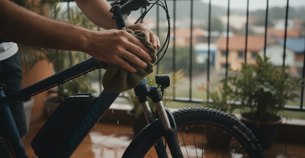 Mãos secando o conector da bateria de uma bike elétrica após a chuva
