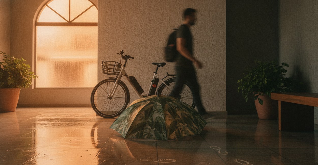 Bike elétrica secando em hall de prédio depois da chuva ao lado de guarda-chuva