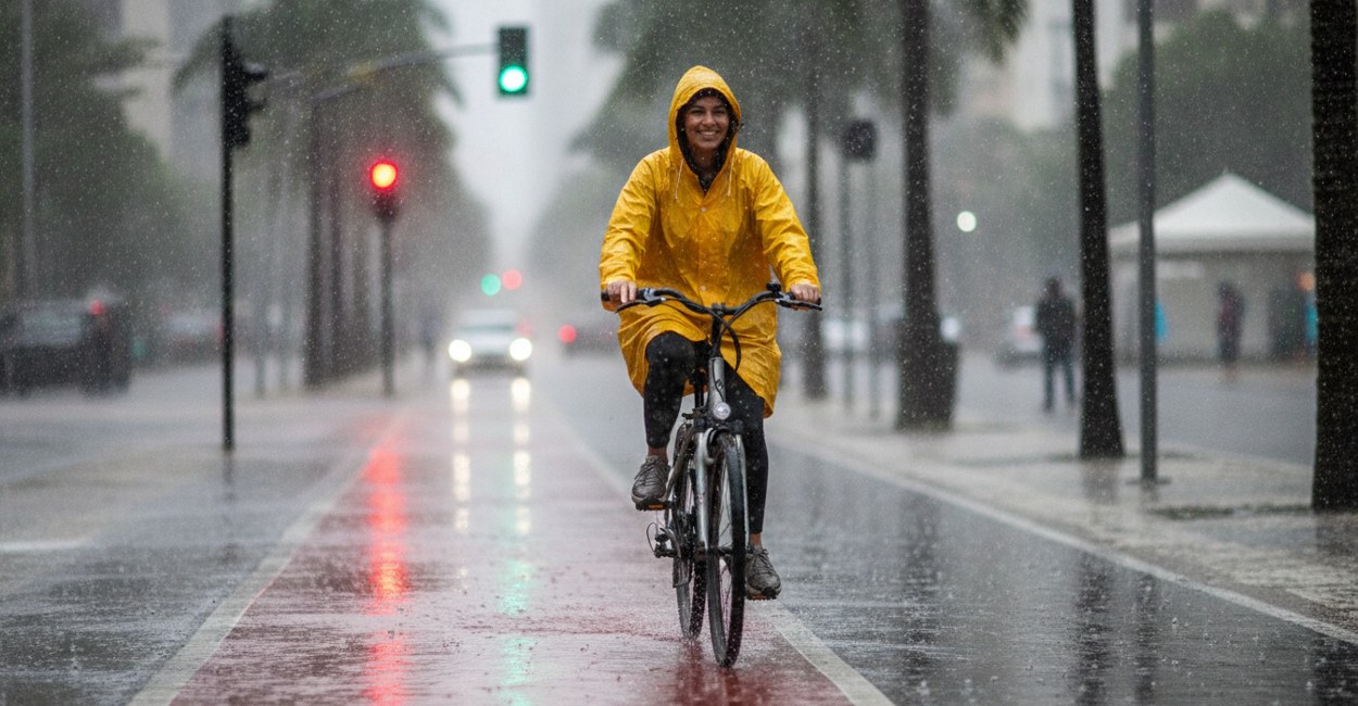 Mulher pedalando bike elétrica na chuva em ciclovia de cidade brasileira