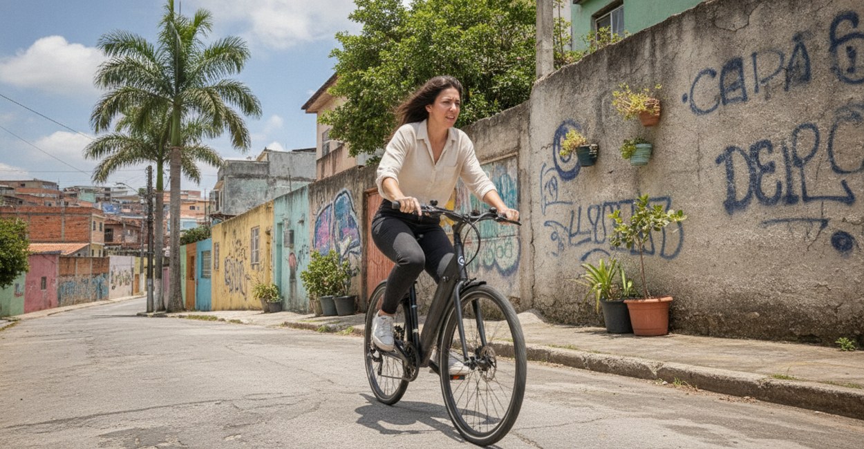 Test ride de bike elétrica usada em ladeira de bairro antes da compra