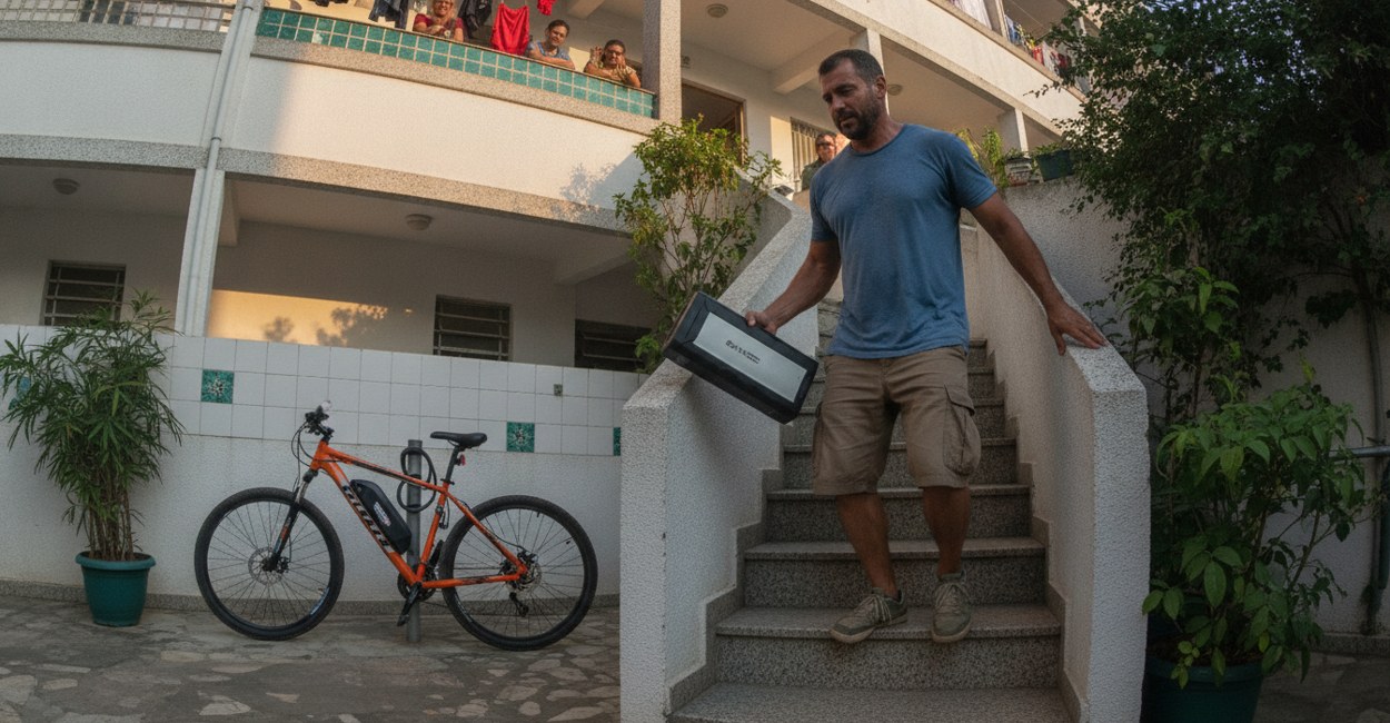Morador desce a escada do prédio carregando a bateria da bike elétrica deixada no hall