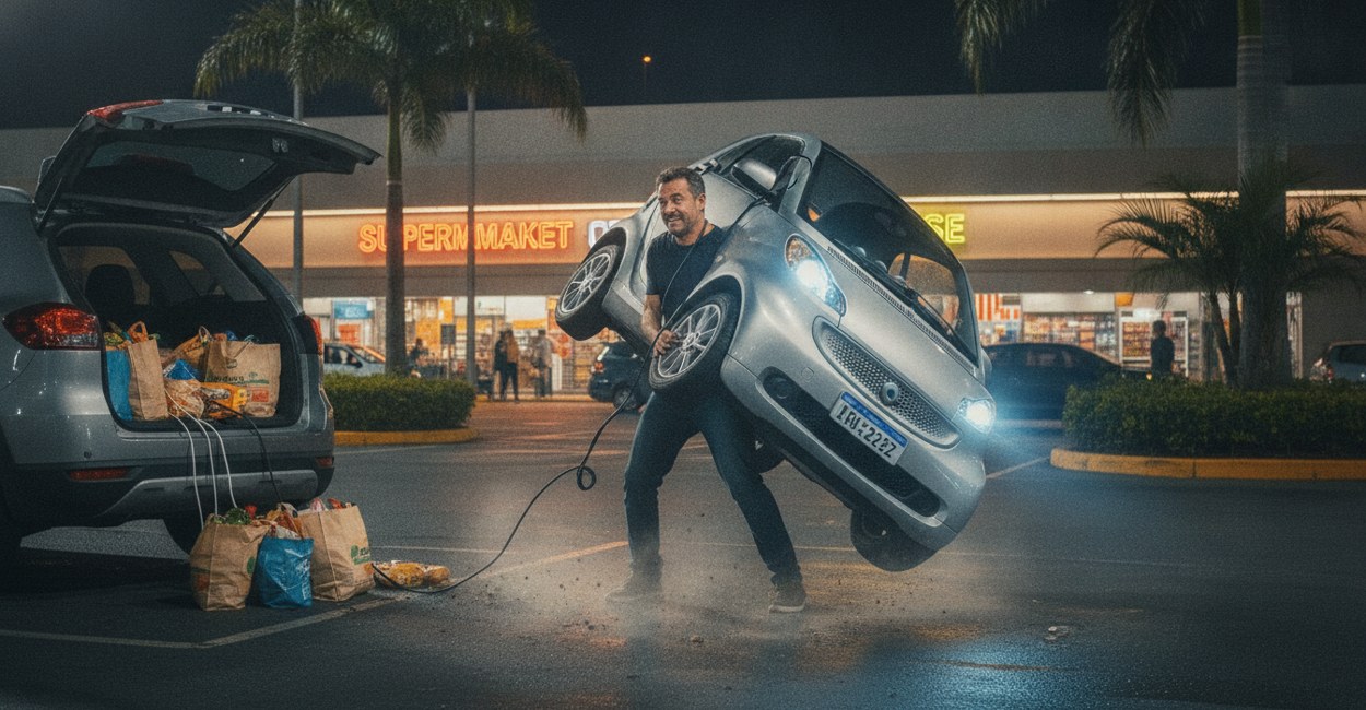 Homem carregando carro elétrico em ponto público de supermercado à noite, alternativa para quem mora em apartamento