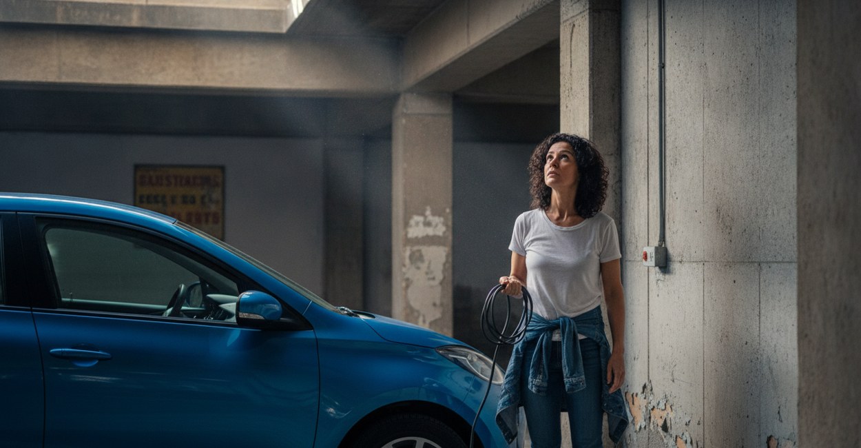 Mulher com cabo de recarga na mão na garagem de prédio antigo, carro elétrico em apartamento sem ponto de carga