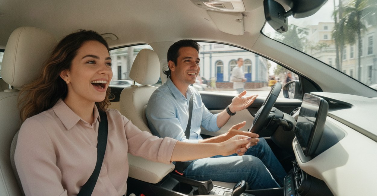Jovem faz test drive em hatch elétrico compacto com vendedor ao lado