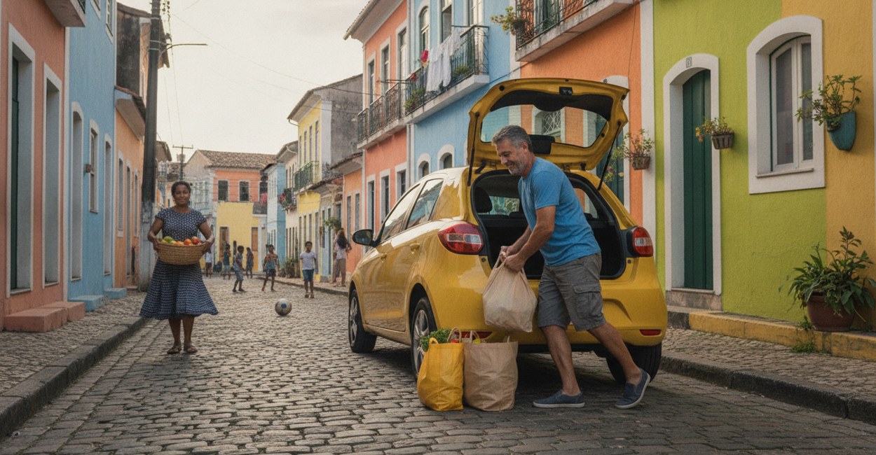 Dono carrega compras no porta-malas de hatch elétrico compacto em rua de bairro