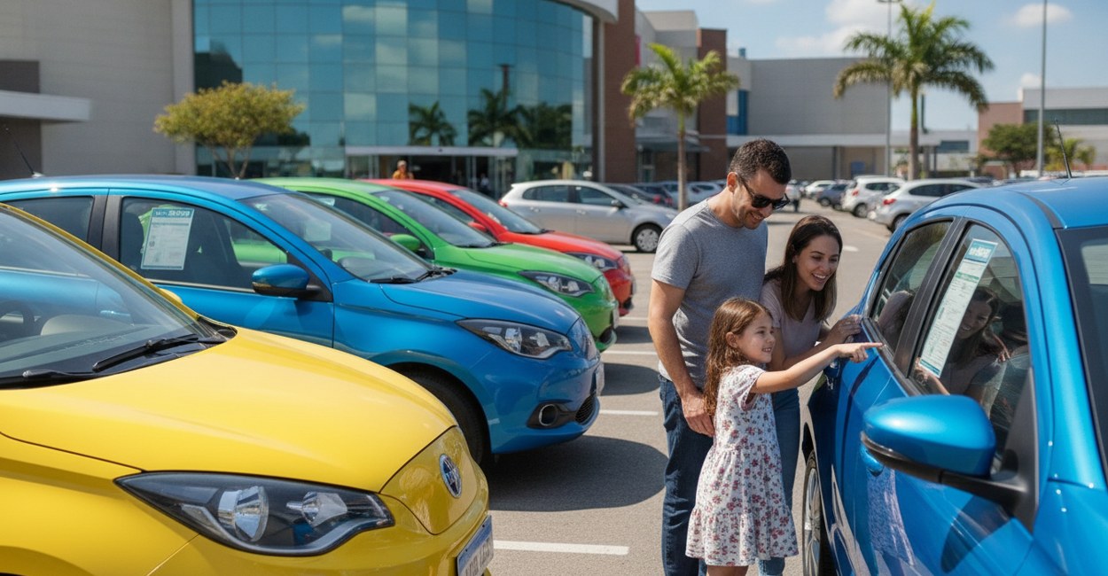 Família confere o preço do carro elétrico mais barato de 2026 entre cinco hatches alinhados em estacionamento