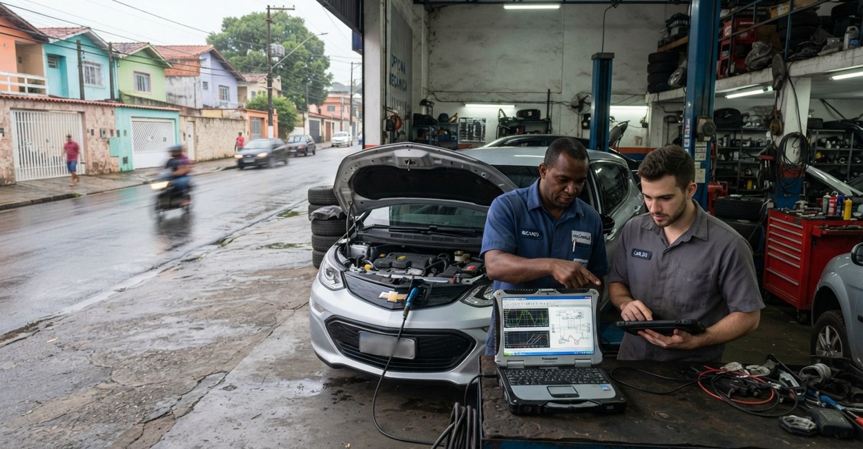 Dois tecnicos conferem o diagnostico de um carro eletrico no notebook dentro da oficina