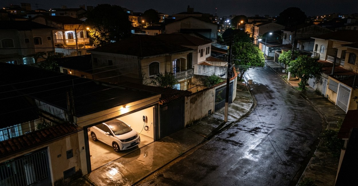 Carro eletrico estacionado em garagem a noite com o piso molhado