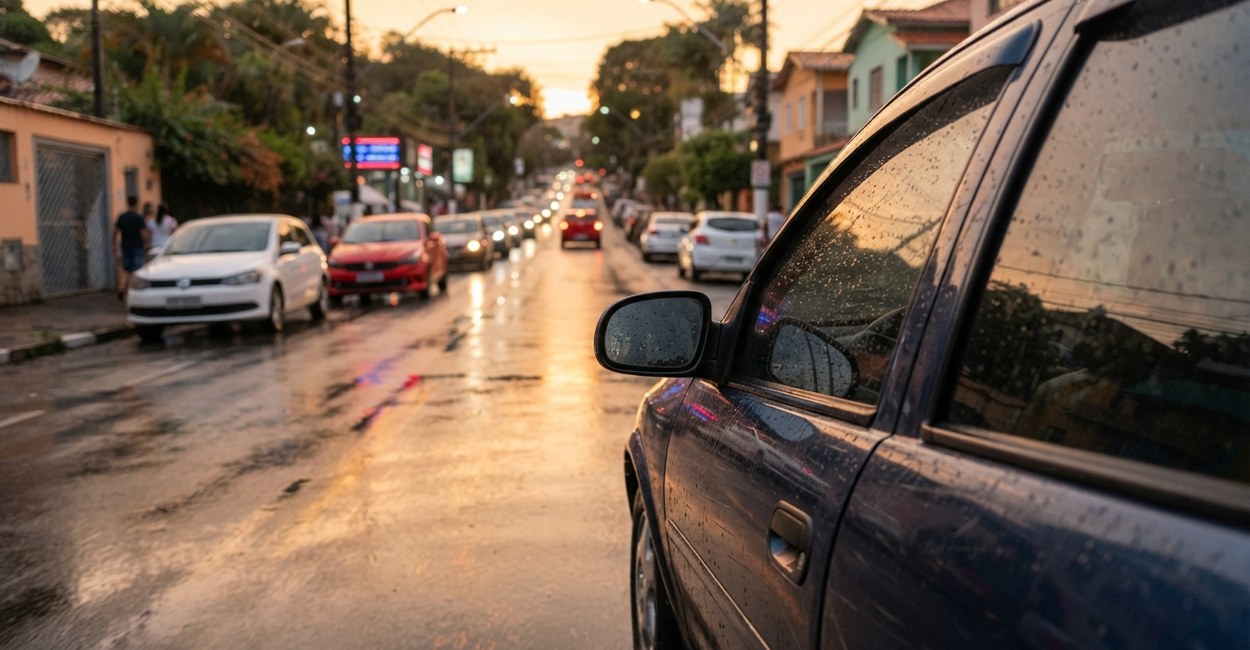 Avenida molhada no fim da tarde com transito parado e reflexo das luzes no asfalto