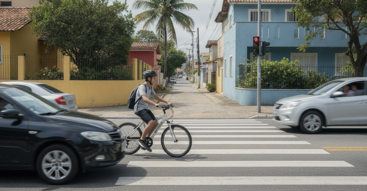 Adolescente de capacete e mochila escolar parado no semáforo com uma bike elétrica