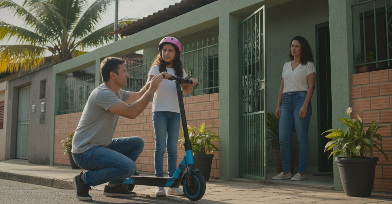 Pai ajusta o capacete da filha antes de a criança andar de patinete elétrico na rua