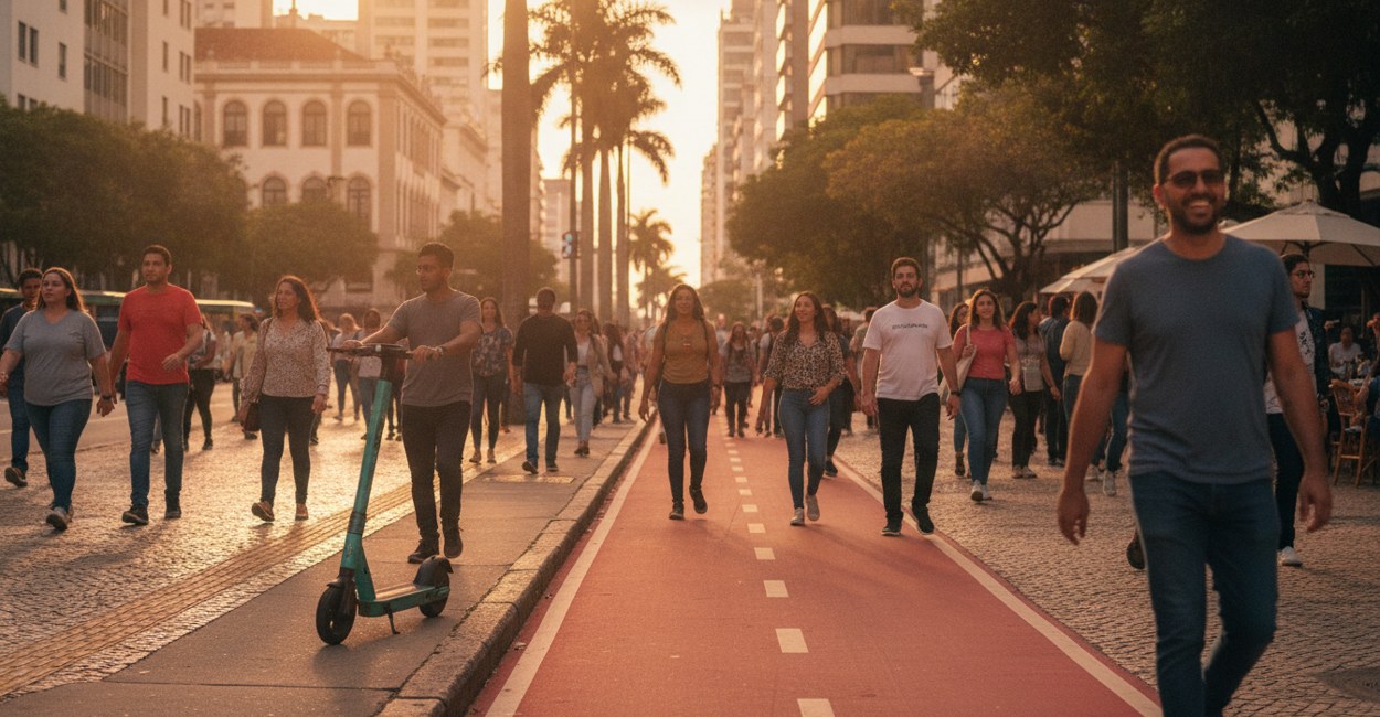 Patinete elétrico parado na calçada ao lado de uma ciclofaixa vazia