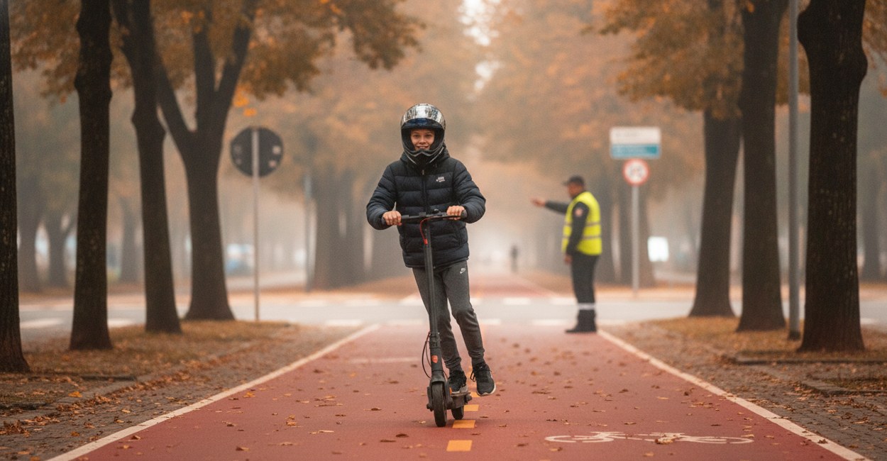 Jovem de capacete empurra patinete elétrico pela ciclofaixa em Curitiba