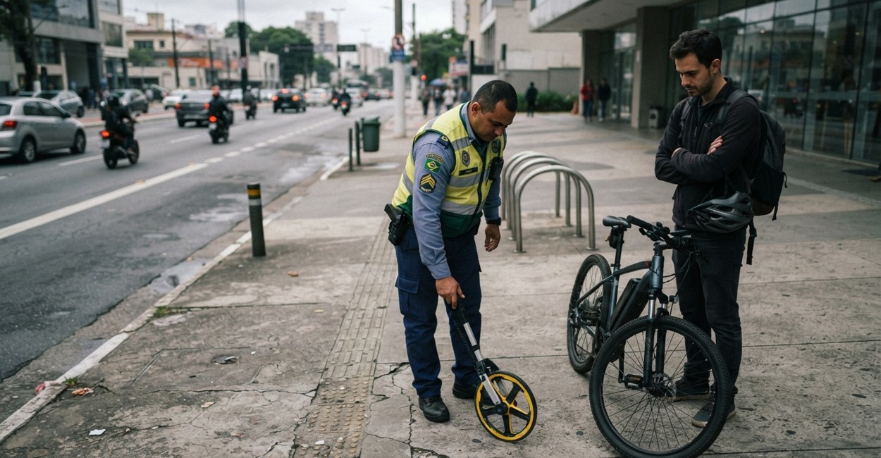 Agente de trânsito medindo a velocidade máxima de uma bicicleta elétrica em fiscalização
