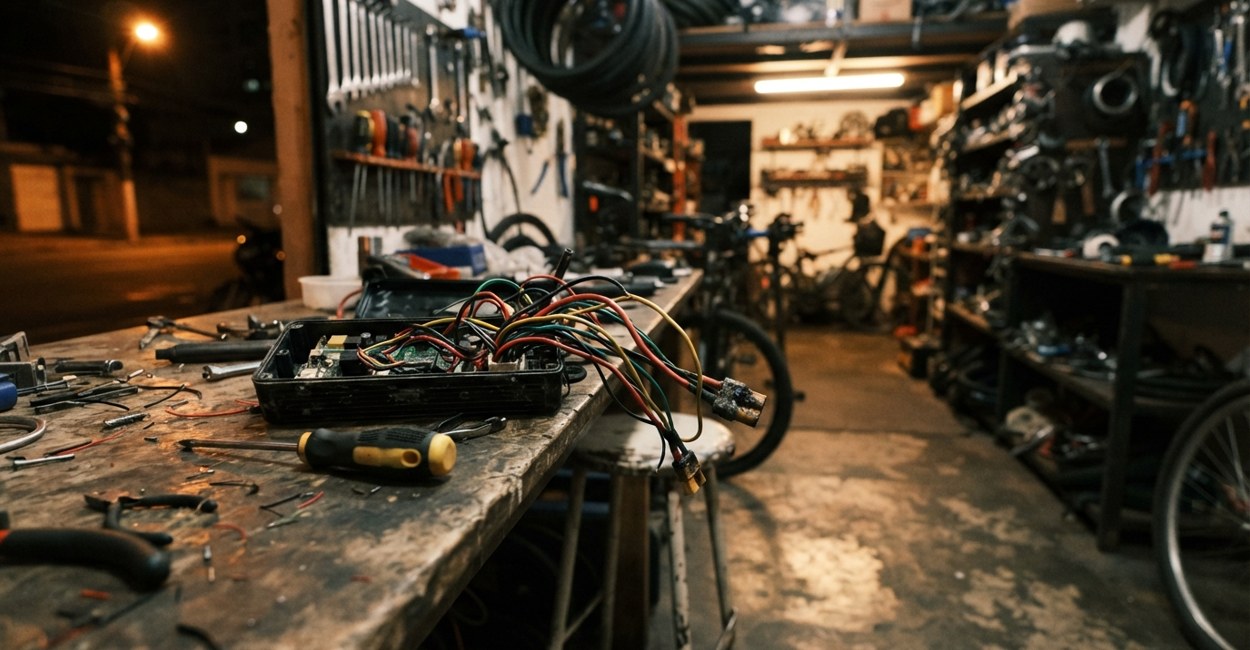 Controladora de bicicleta elétrica aberta com conector danificado sobre a bancada
