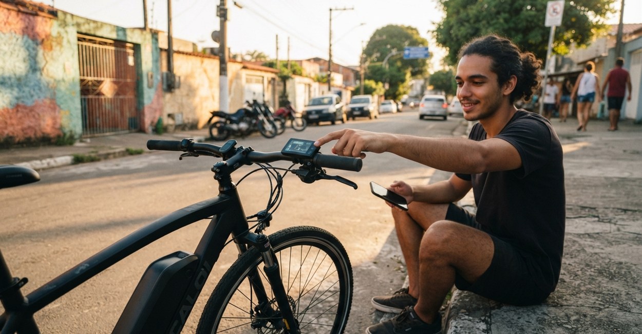 Jovem mexendo nas configurações do display da bicicleta elétrica na calçada