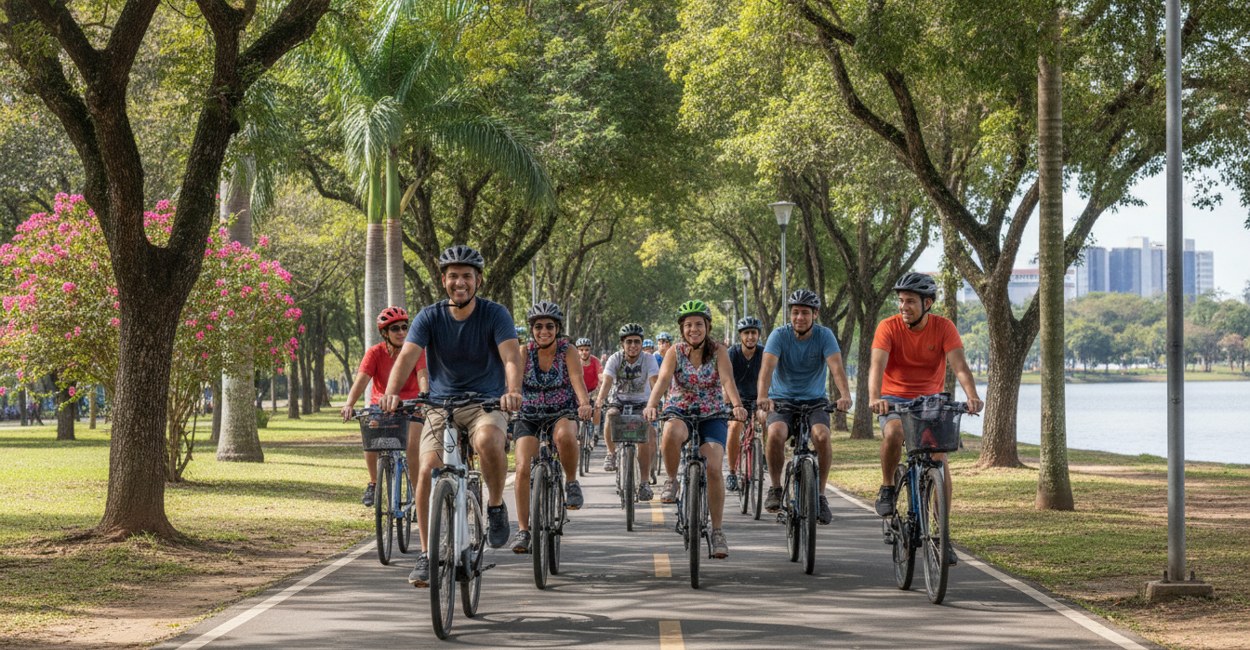 Ciclistas com bike elétrica em ciclovia de parque no Dia sem Carro em Curitiba
