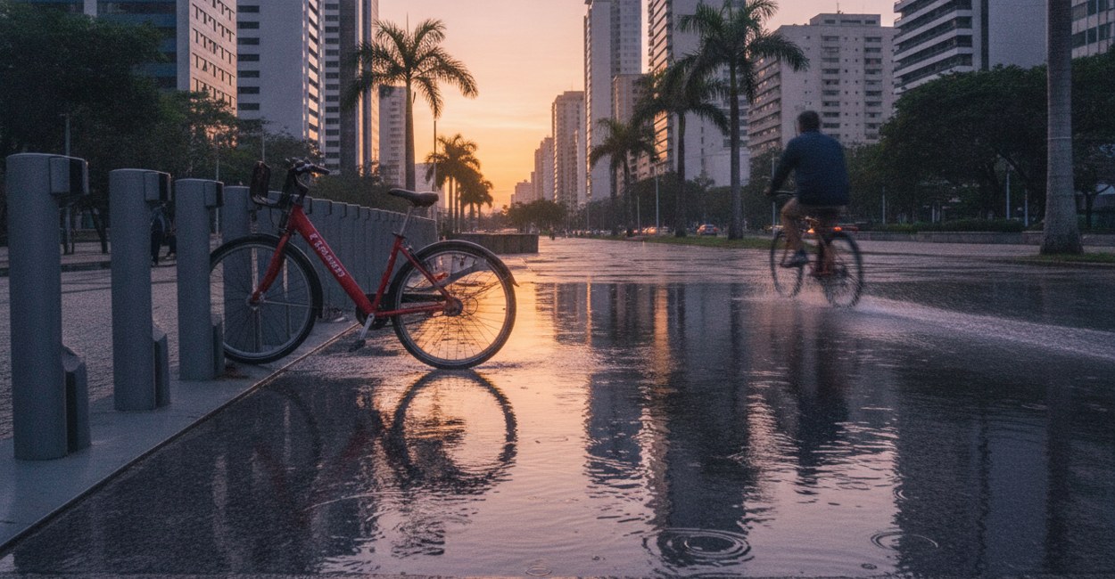 Estação de bike compartilhada vazia ao amanhecer depois do Dia sem Carro