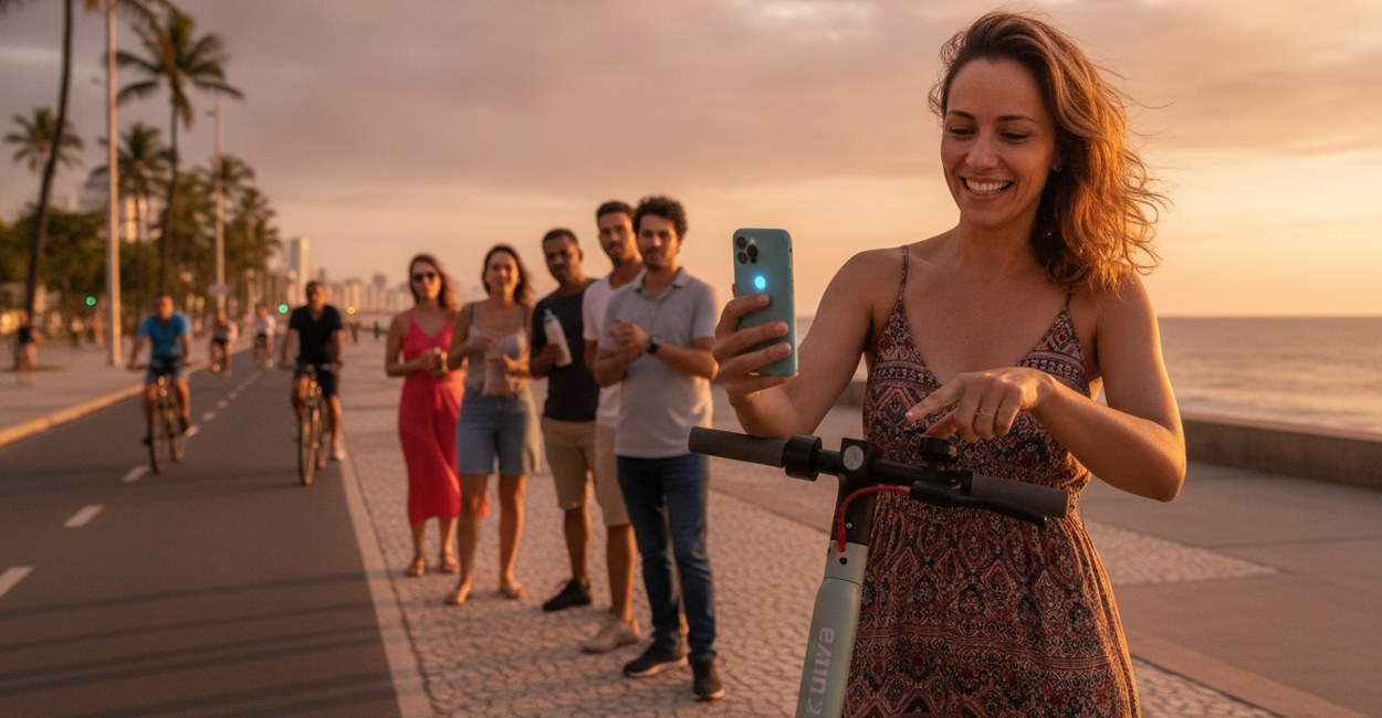 Mulher desbloqueia patinete elétrico compartilhado numa orla no Dia Mundial sem Carro