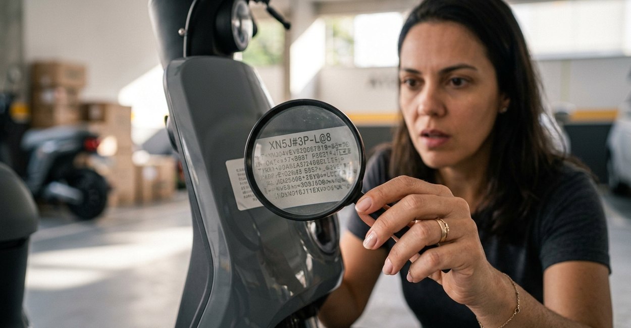 moto elétrica sem CNH: lupa sobre a etiqueta do motor de 1.000 W