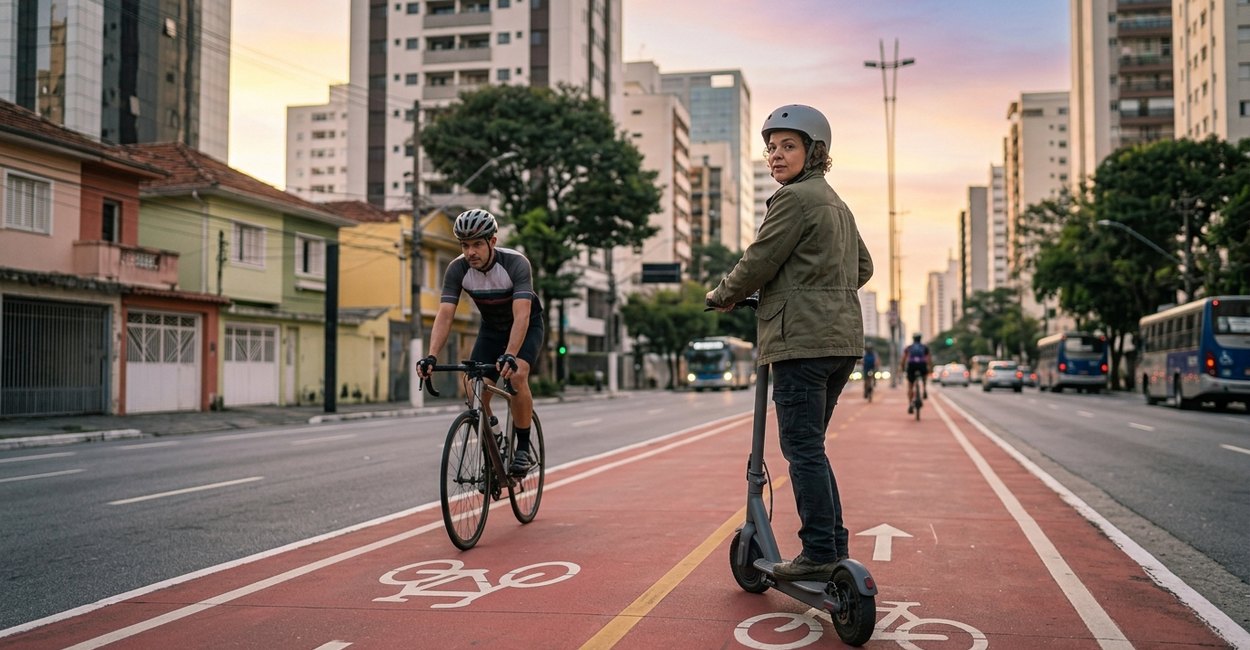 moto elétrica sem CNH na ciclovia atrás de um ciclista