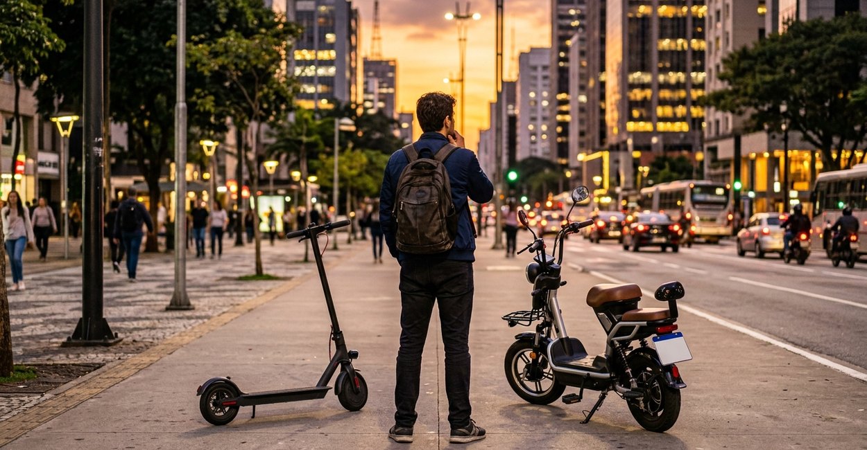 patinete elétrico ou scooter: os dois lado a lado numa calçada de São Paulo
