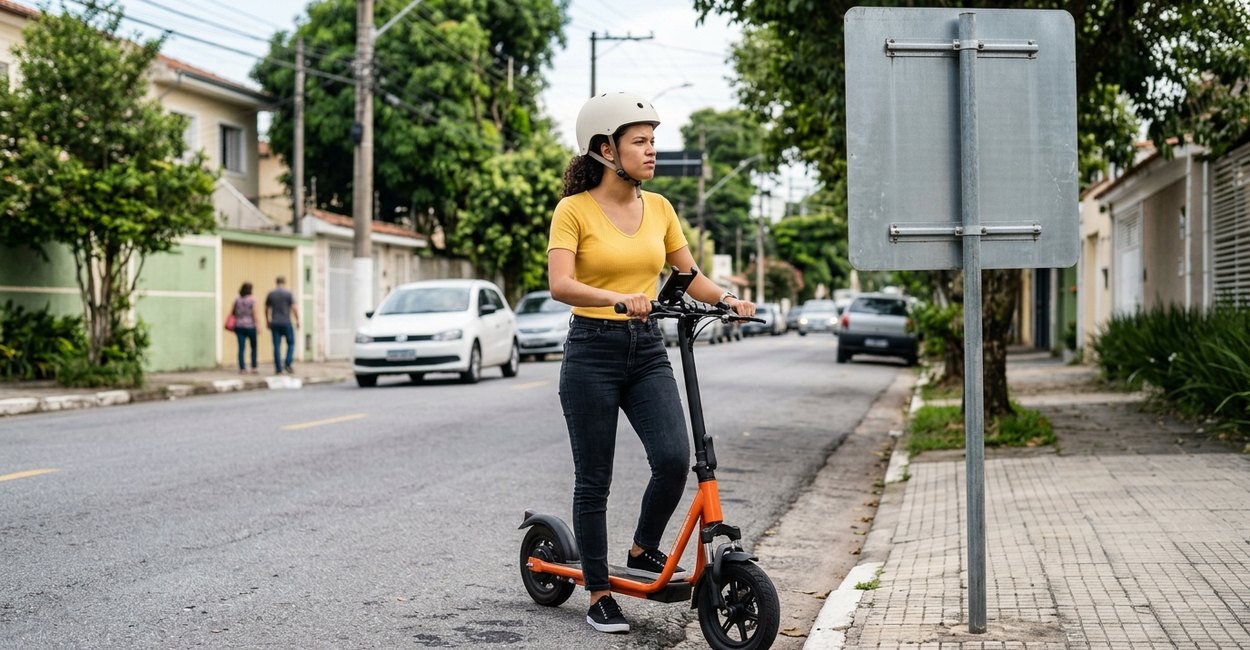 patinete elétrico pode andar na rua: condutora parada junto à placa de trânsito